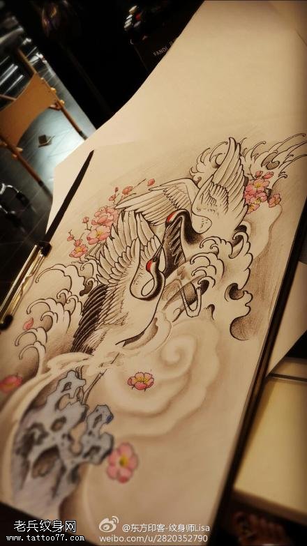 文身秀图吧分享一幅仙鹤文身手稿作品