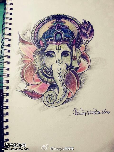 文身秀图吧推荐一幅象神文身手稿作品