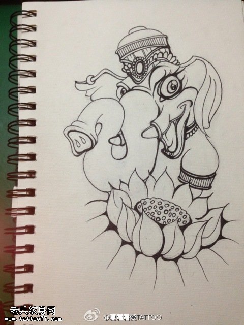 文身秀图吧退款一幅象神莲花文身手稿作品