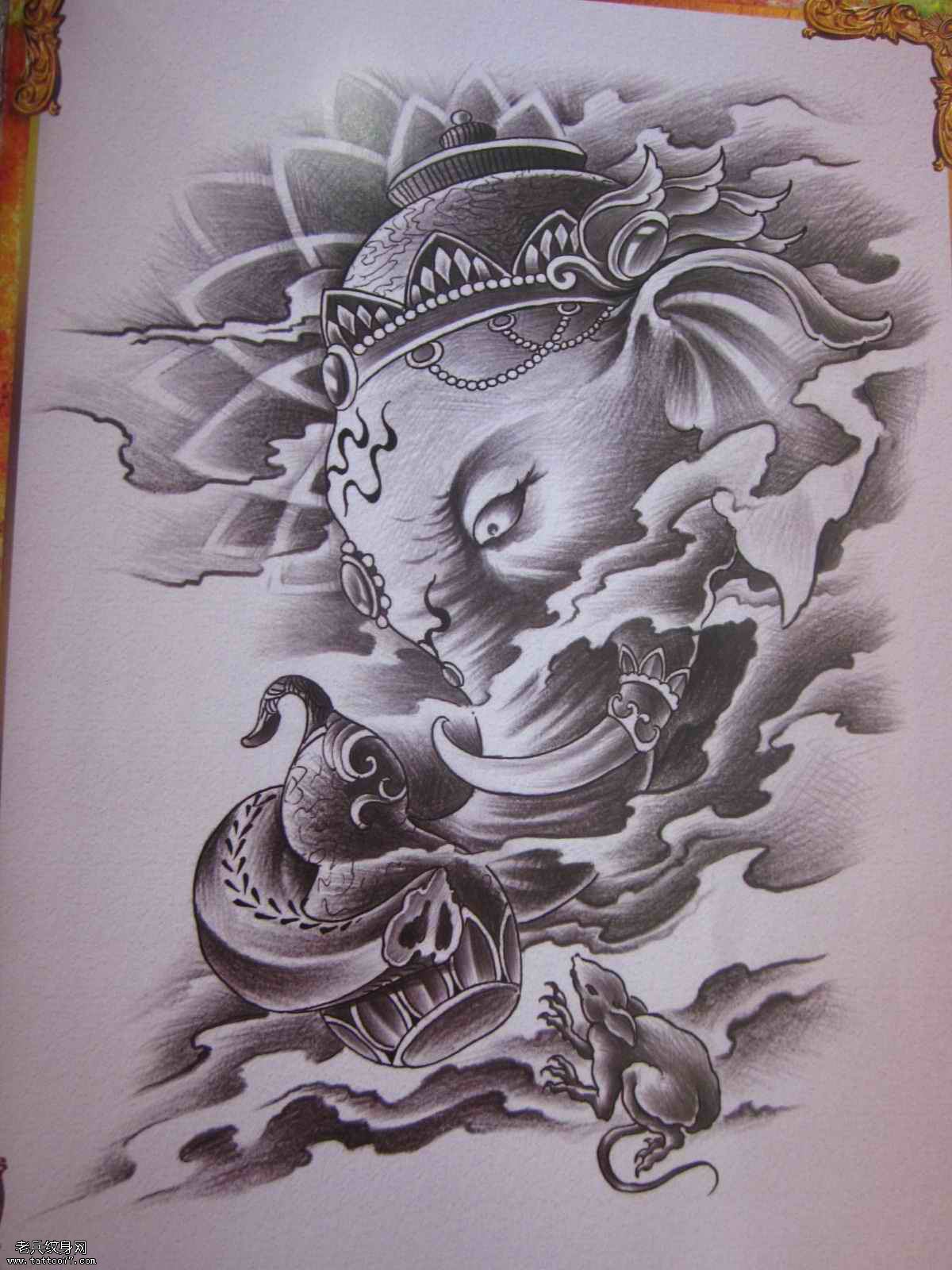 最好的刺青店推荐一幅大鼻子象神文身作品