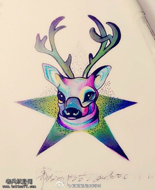 彩色星空羚羊文身手稿作品
