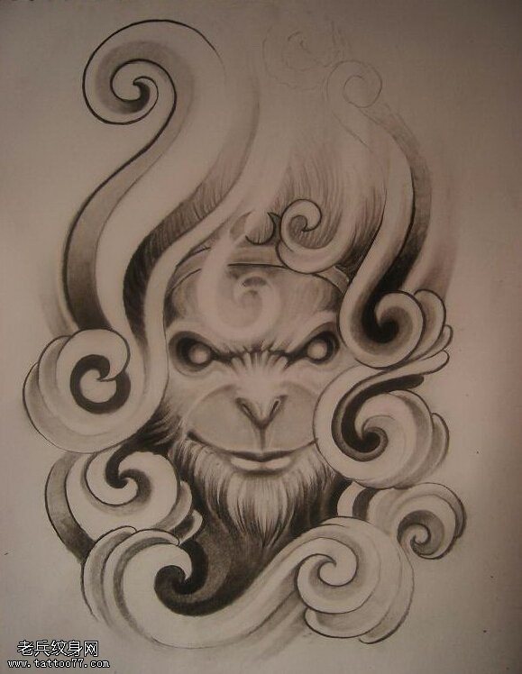 文身秀图吧推荐一幅孙悟空头像文身手稿作品