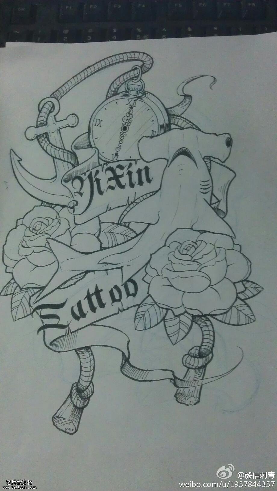 时钟船锚鲨鱼玫瑰花文身手稿作品