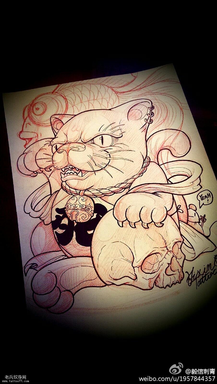 一幅招财猫骷髅文身手稿作品由文身分享