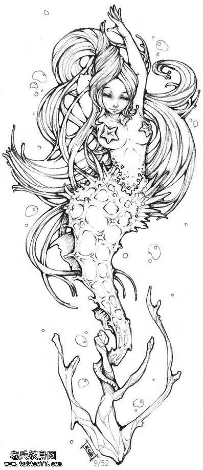 文身秀图吧推荐一幅素描美人鱼文身手稿作品