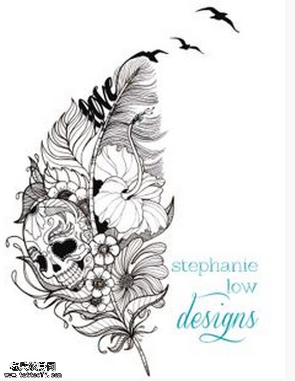 文身秀图吧推荐一幅羽毛骷髅文身手稿作品