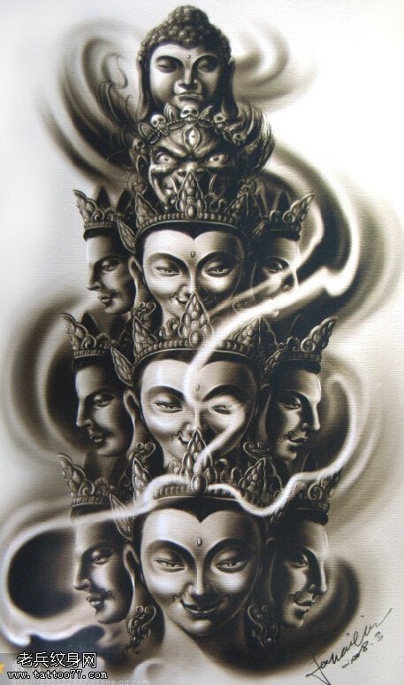 一幅黑白佛文身手稿作品由刺青馆分享