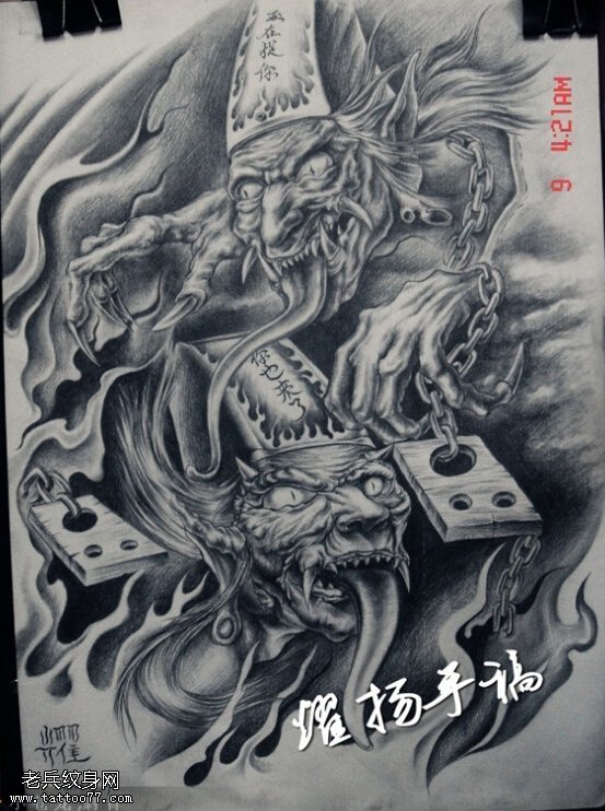 文身秀图吧推荐一幅黑白无常文身手稿作品