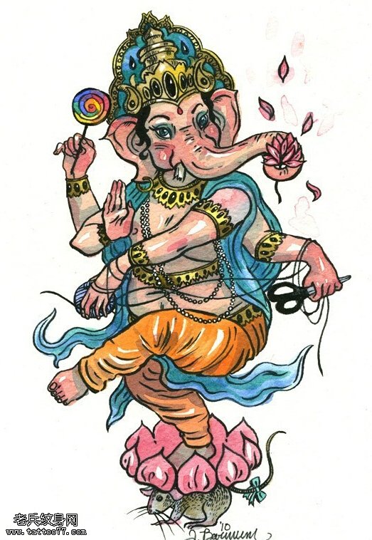 一幅彩色象神文身手稿作品由文身秀图吧分享