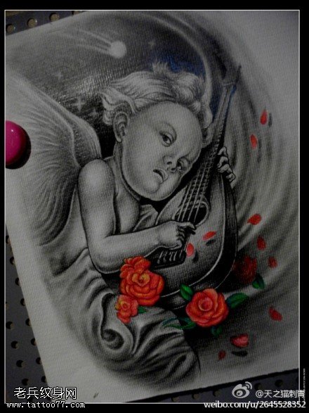 文身秀图吧推荐一幅天使玫瑰花文身手稿作品