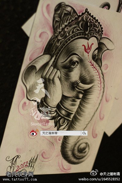 文身秀图吧推荐一幅象神文身手稿作品
