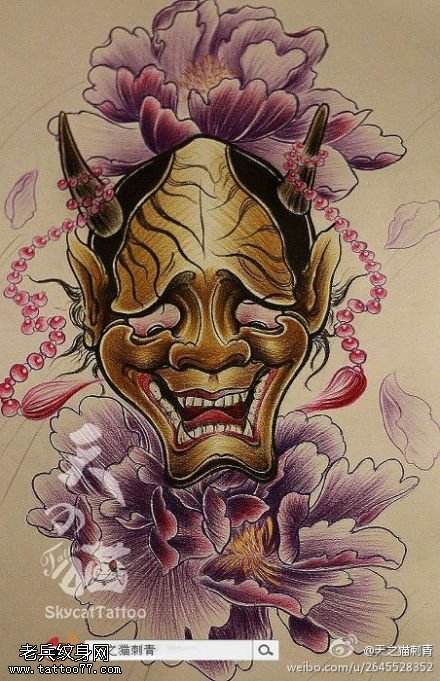 刺青馆推荐一幅般若牡丹文身手稿作品