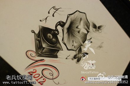 一幅留声机文身手稿作品由文身秀图吧分享