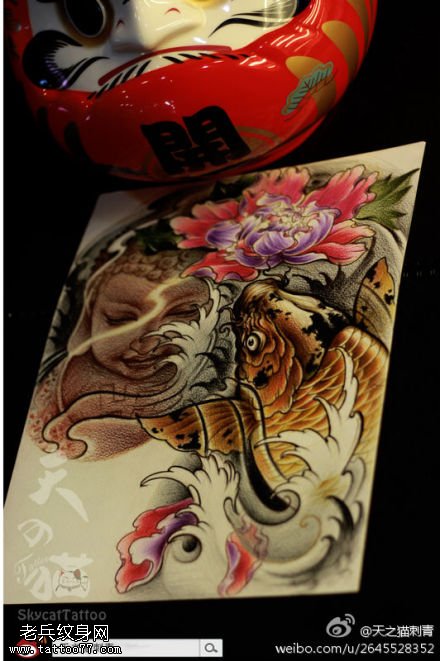 半胛彩色佛鲤鱼文身手稿作品