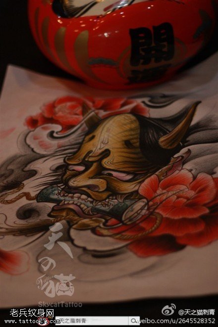 彩色传统般若牡丹文身手稿作品