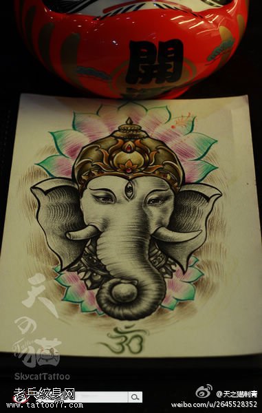 一幅彩色樊花象神文身手稿作品