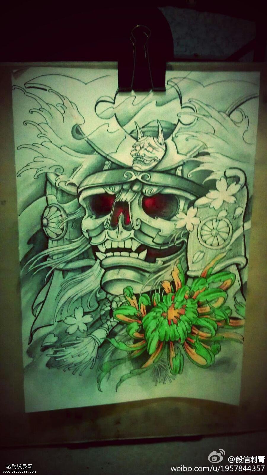 彩色骷髅武士菊花文身手稿作品