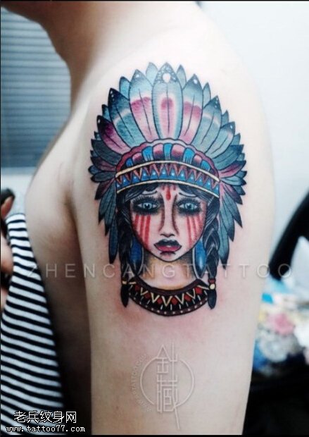 文身秀图吧推荐一幅女人手臂oldcschool风格印第安女孩文身作品