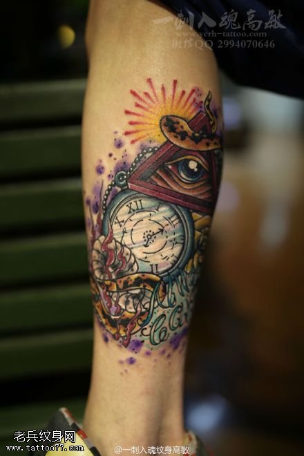 腿部彩色上帝之眼玫瑰花时钟文身作品