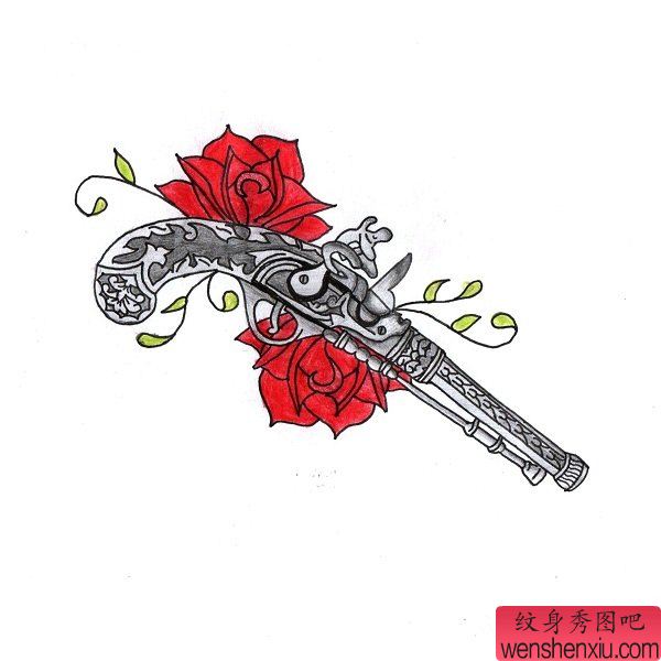 文身秀图吧分享一组手枪玫瑰花文身作品