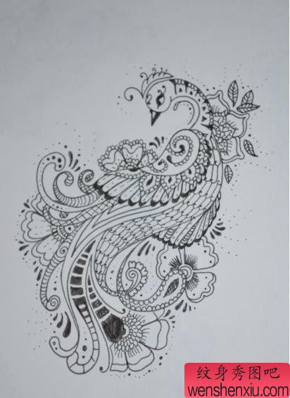 一组孔雀文身手稿作品由文身分享
