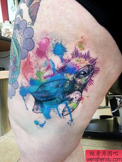 腿部彩色乌龟文身作品