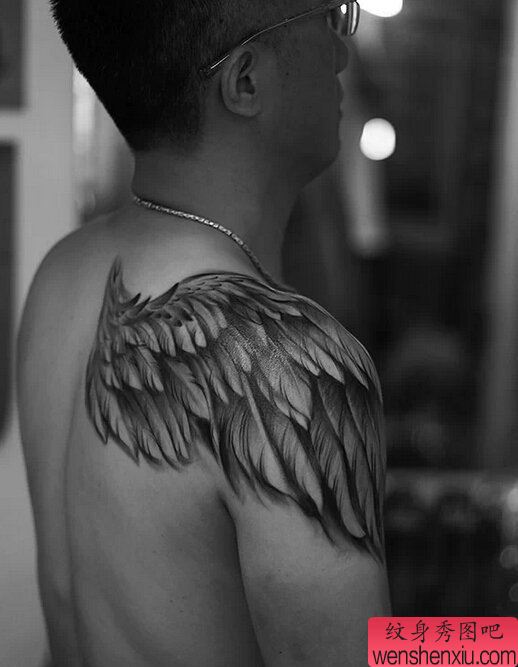 一幅肩部单翼翅膀文身作品由文身分享
