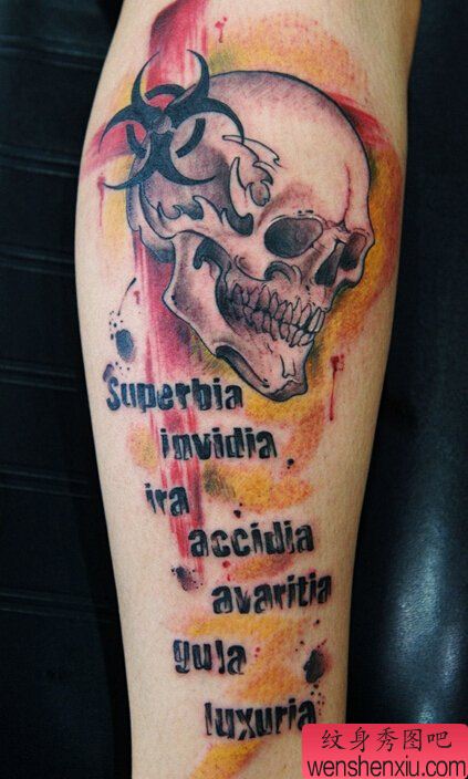 腿部彩色生物危险七宗罪文身作品