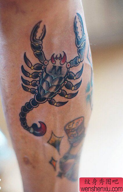 一幅腿部守旧派蝎子文身作品