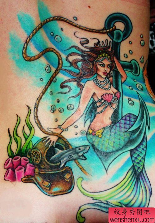 腰部彩色美人鱼船锚文身作品由文身分享