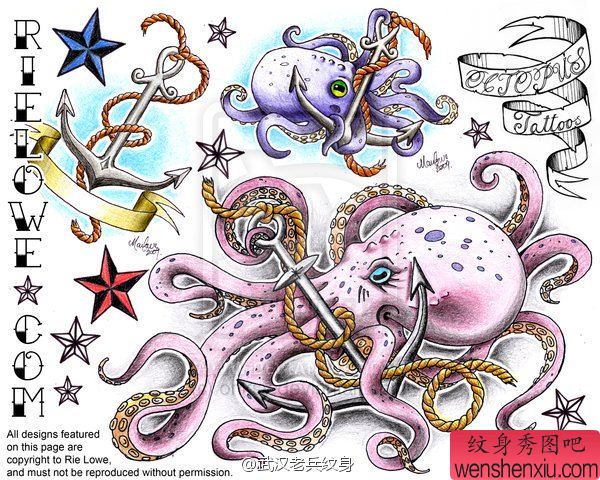 文身秀图吧推荐一组彩色章鱼文身作品