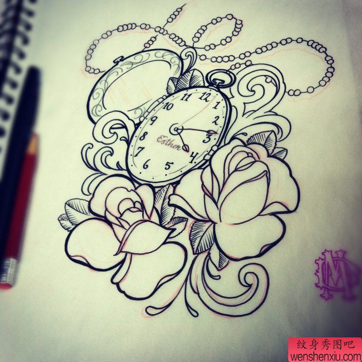 一组玫瑰花文身手稿作品