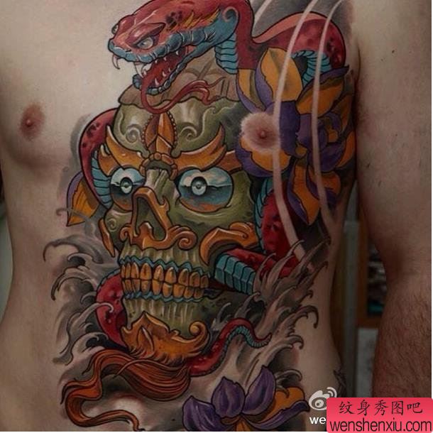 文身秀图吧推荐一幅胸部彩色嘎巴拉文身作品