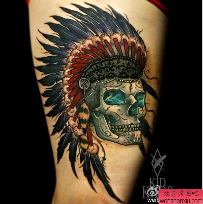 腿部印第安骷髅文身作品