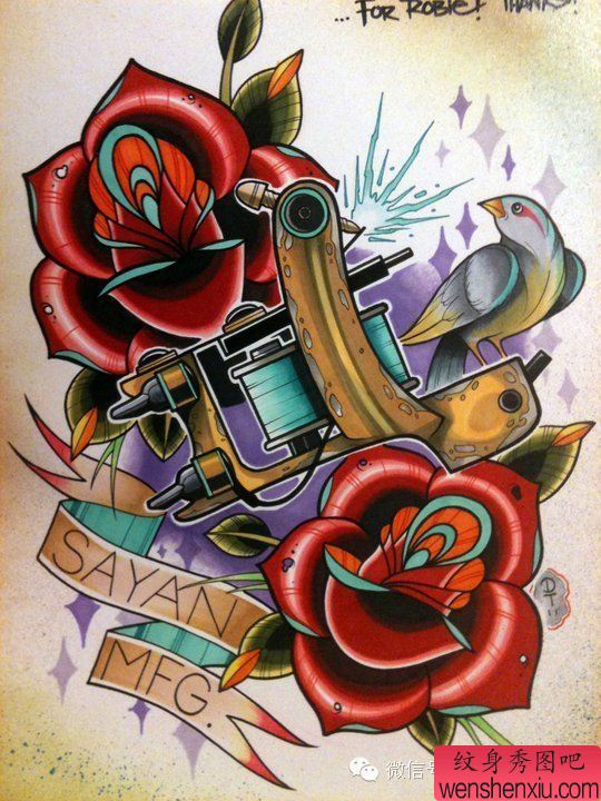 一幅school风格文身机玫瑰花文身作品由文身分享