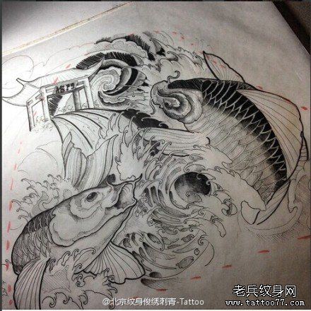 鲤鱼跃龙门文身手稿作品