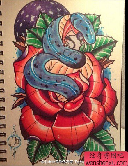 彩色欧美牡丹蛇文身作品由文身秀图吧分享