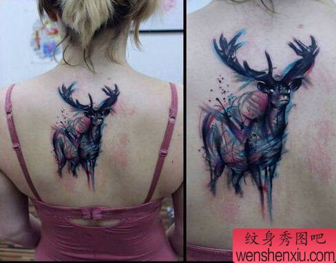 女人背部泼墨羚羊文身作品由文身秀图吧分享
