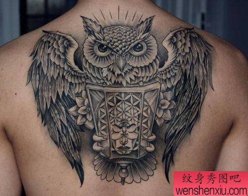 背部黑白猫头鹰文身作品