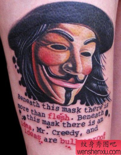 文身秀图吧推荐一幅腿部V字仇文身作品