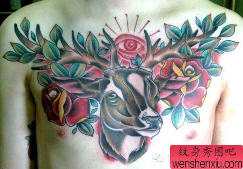 一组胸口创意彩色鹿文身作品由文身分享