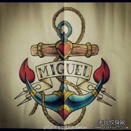 欧美彩色船锚文身作品