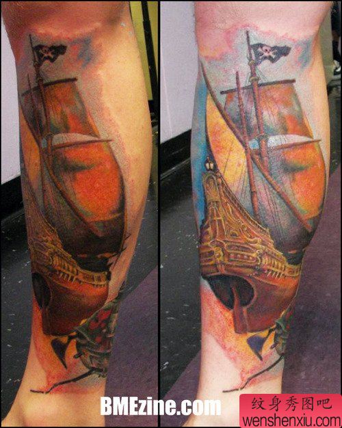 一幅腿部船文身作品由文身秀图吧分享
