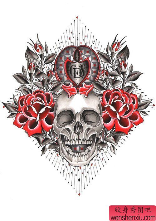 文身秀图吧推荐一幅骷髅玫瑰文身作品