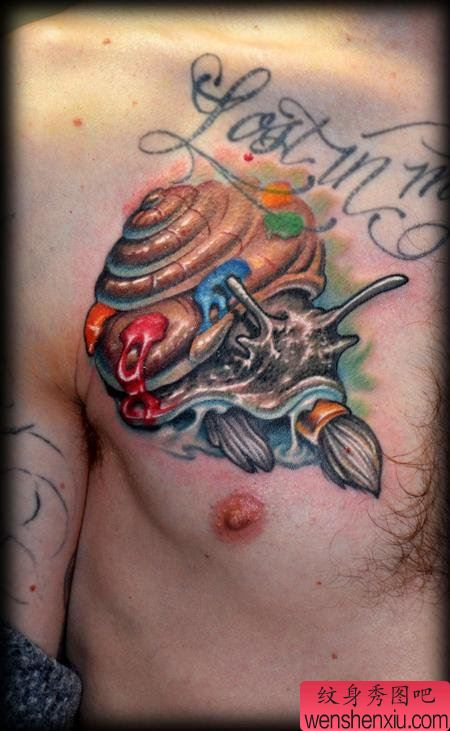 文身秀图吧推荐一幅胸口蜗牛文身作品