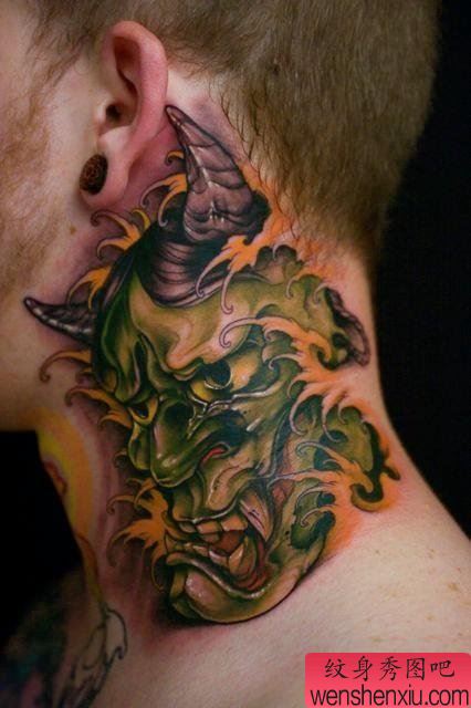 文身秀图吧推荐一幅脖子彩色传统般若文身作品