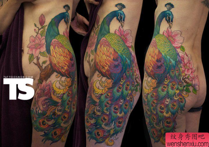 文身秀图吧推荐一幅女人臀部孔雀文身作品