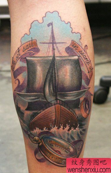 文身秀图吧推荐一幅腿部帆船文身作品