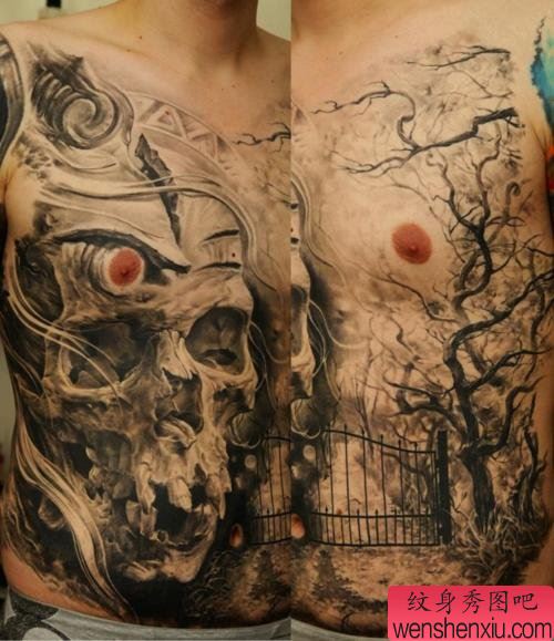 最好的文身馆推荐 一幅胸口骷髅文身作品