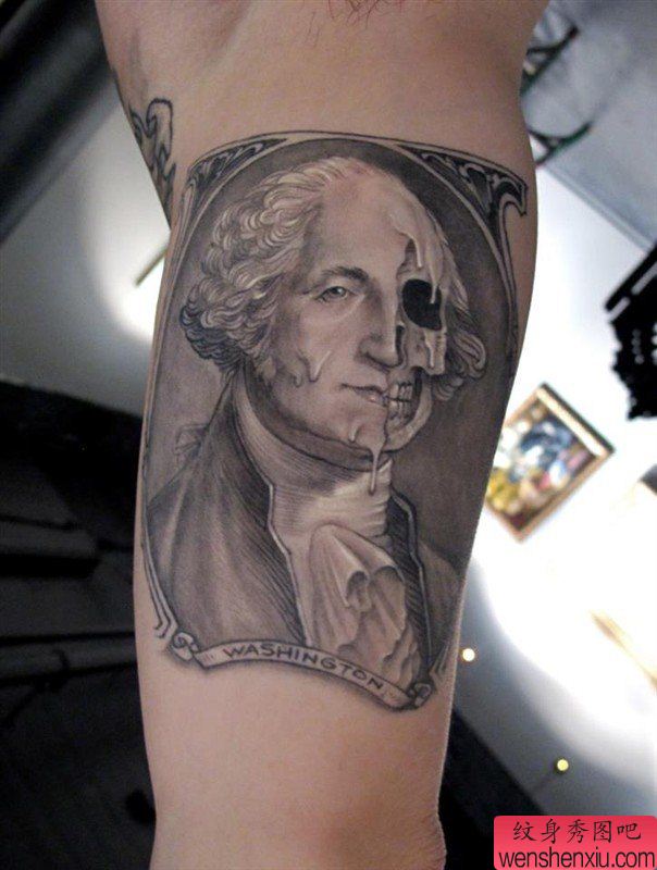 文身秀图吧推荐一幅手臂欧美人物肖像文身作品